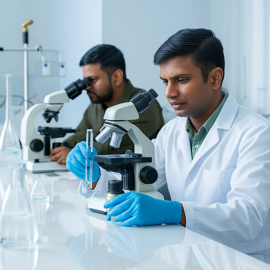 "Technician following best practices while analyzing a water sample in the lab"
