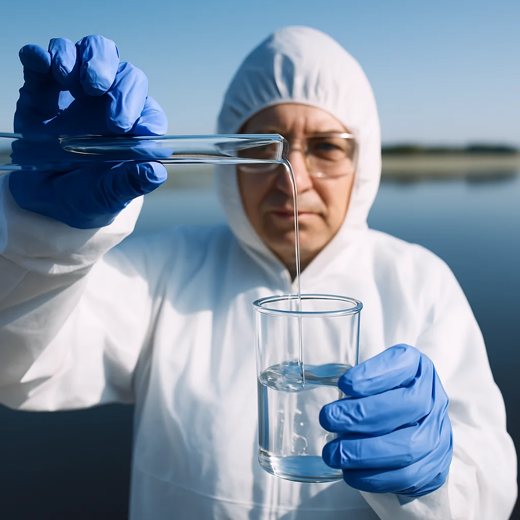 "Eco-friendly water testing practices being conducted near a natural water source"
