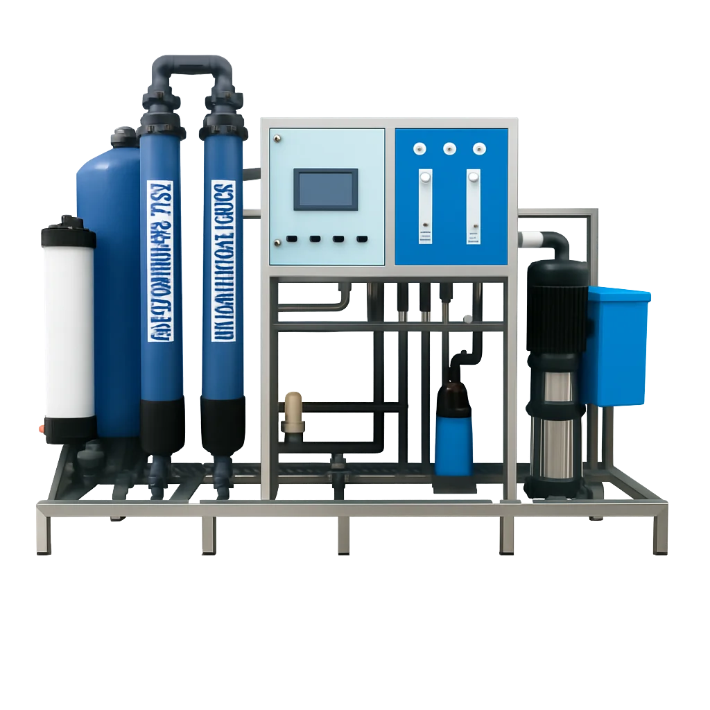 Industrial reverse osmosis water purification unit with labeled pressure vessels, control panel, filters, and connected piping