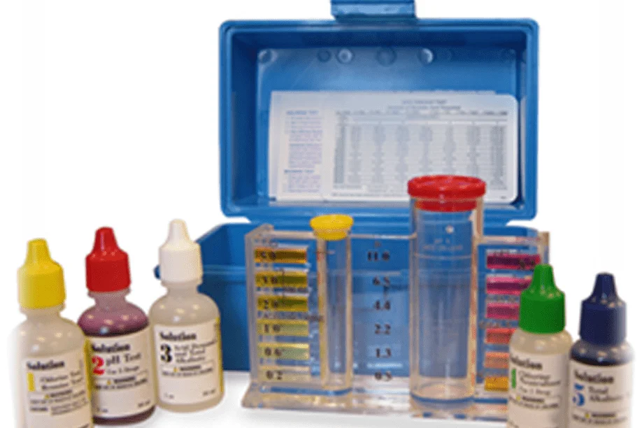 "Comprehensive water testing kit with test strips and chemical solutions"