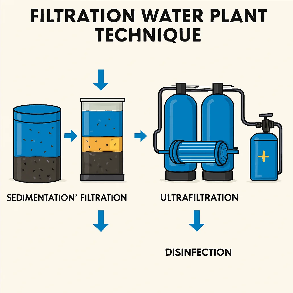 Filtration system removing solid debris from water for clean filtrate.