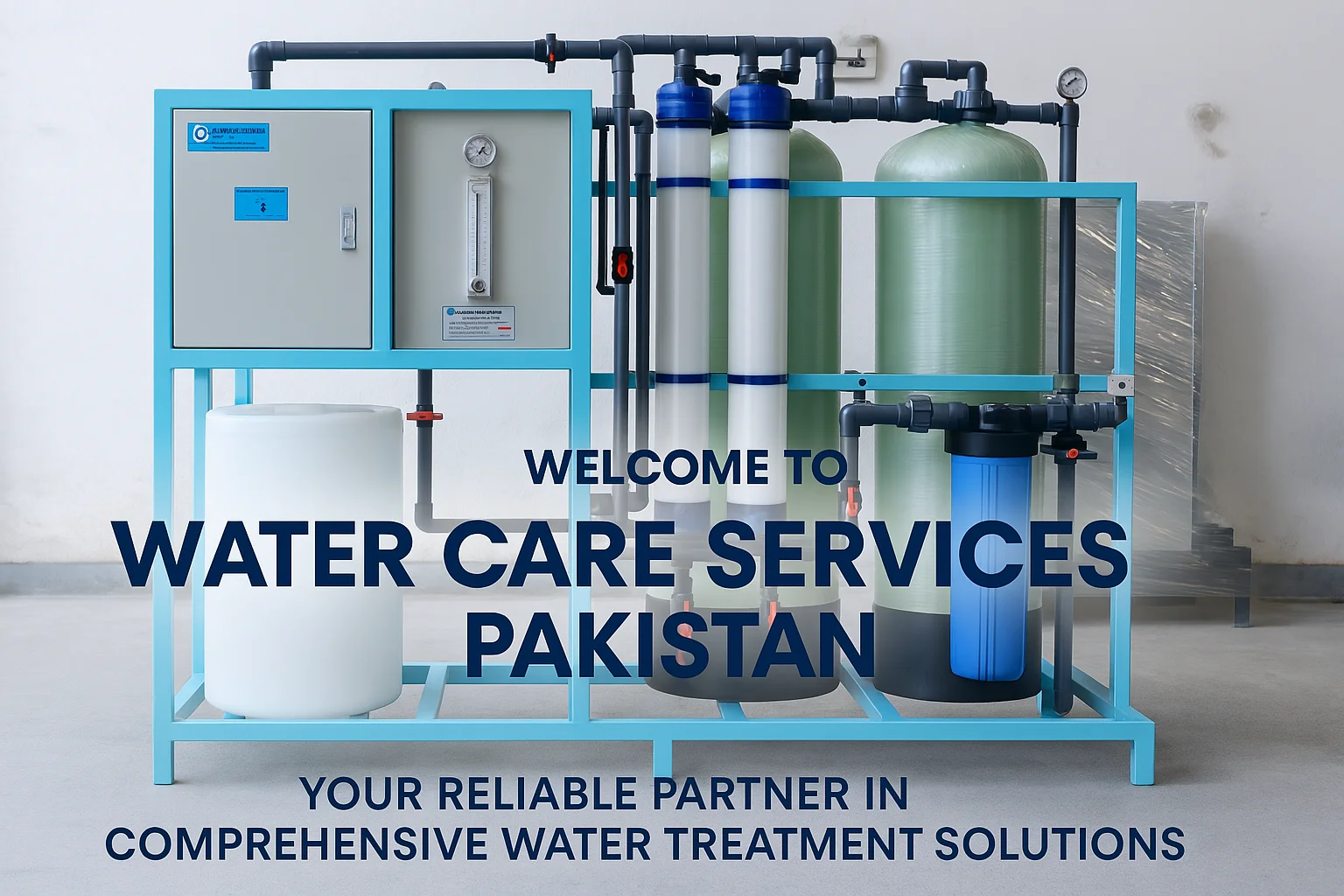 Modern drinking water purification system with filtration tanks and UV disinfection unit