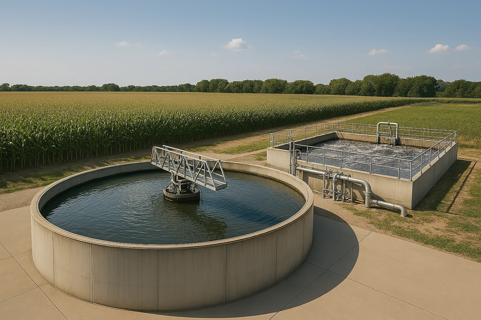 Advanced wastewater treatment system being used for agricultural irrigation in a rural setting.
