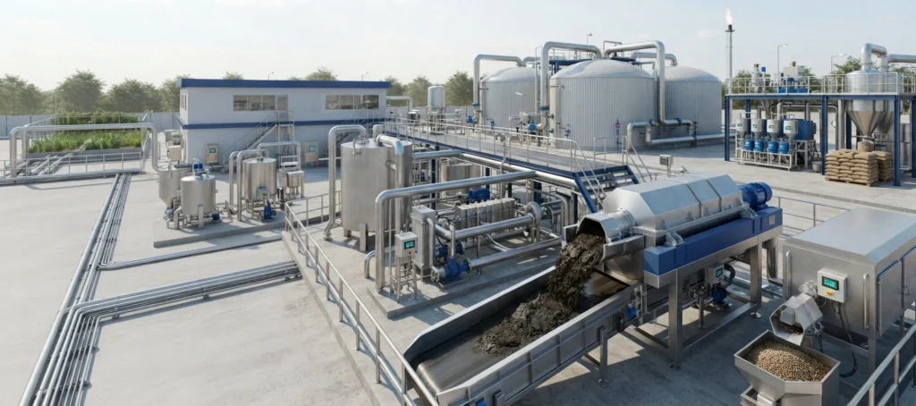 Industrial sludge management process showing anaerobic digestion and biogas recovery for energy generation