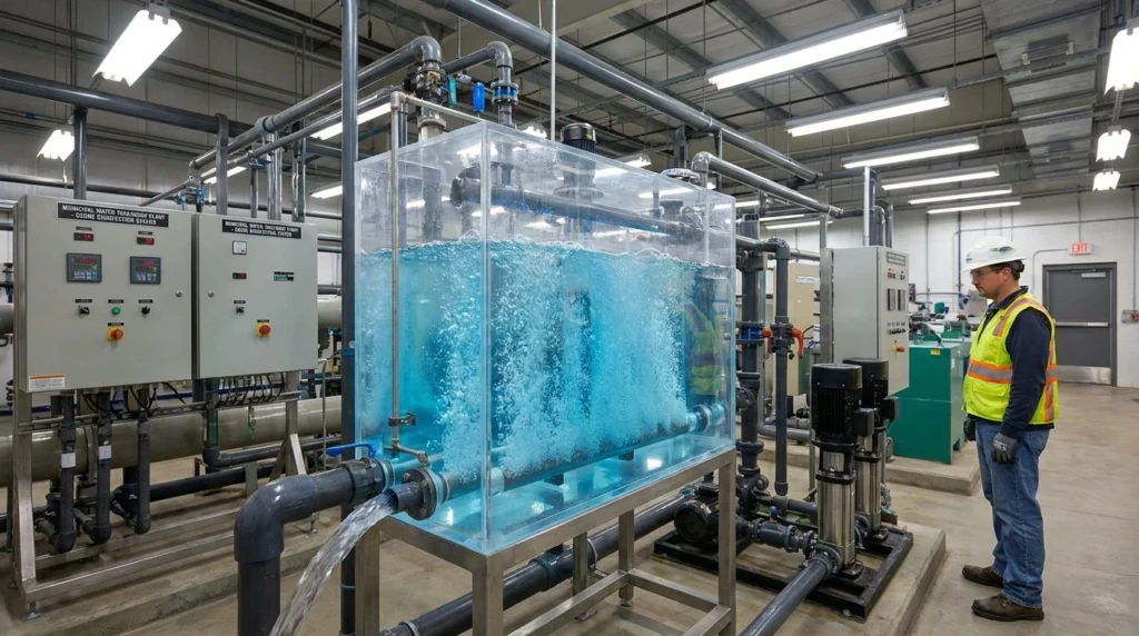 Ozone water purification system treating municipal drinking water with visible contact chamber