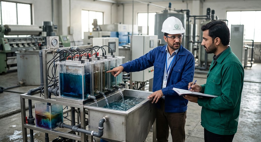 In an industrial water treatment facility, a technician in a white hard hat explains the operation of a benchtop electrocoagulation system with clear acrylic cells and complex wiring to an attentive engineer in a light blue shirt who is taking notes on a clipboard