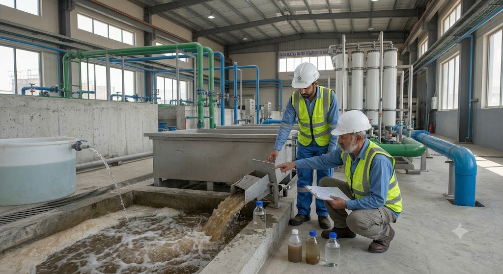 Two operators in safety vests inspect a model membrane bioreactor next to concrete filter basins in a large water treatment plant.