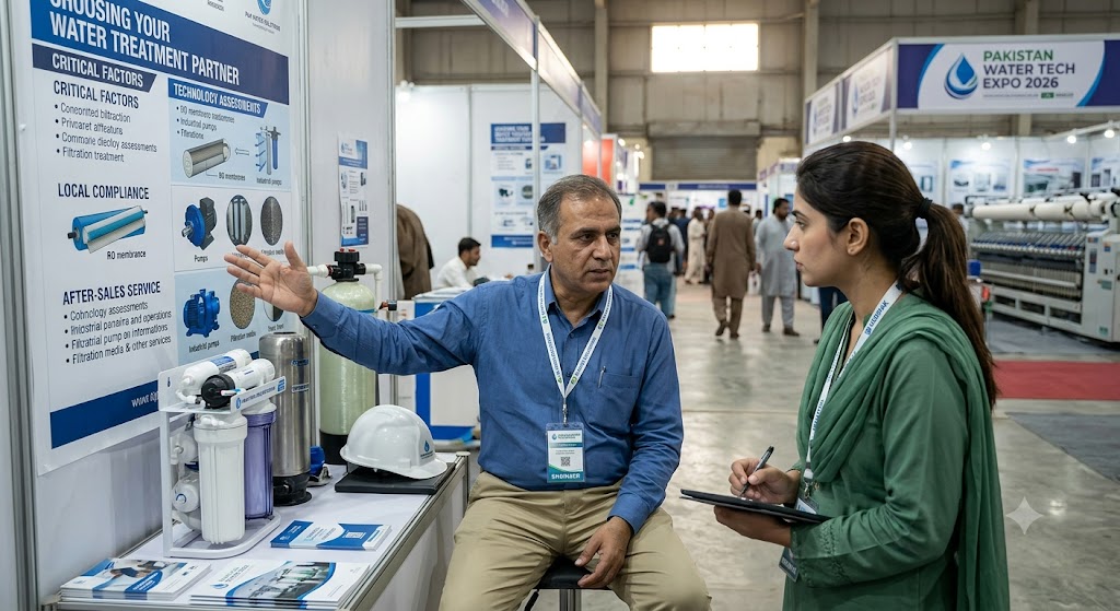 At a trade show booth, a male exhibitor points to a "How to Choose Your Water Treatment Partner" poster while explaining it to a female attendee taking notes.