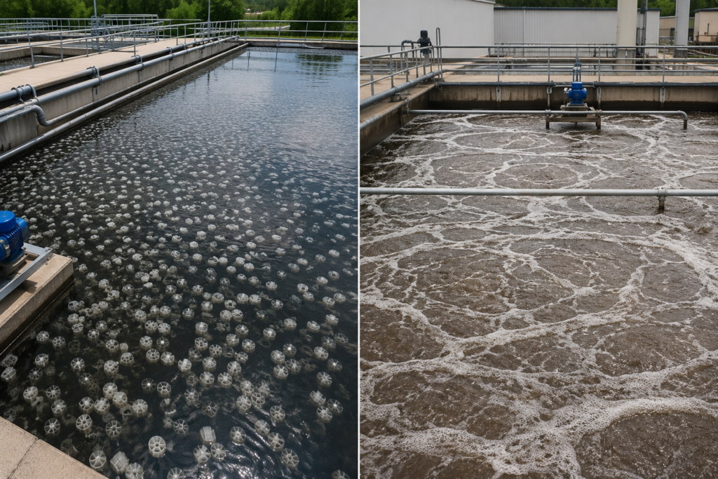 MBBR vs Activated Sludge comparison showing a moving bed biofilm reactor with floating media beside an aeration basin at a modern wastewater treatment plant.