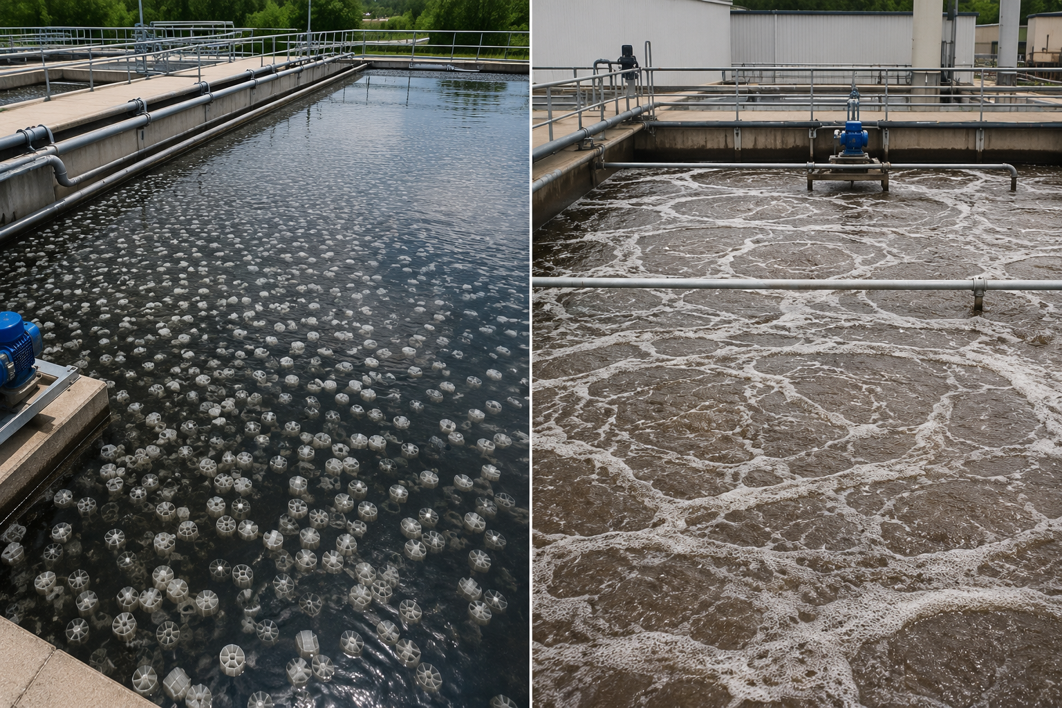 MBBR vs Activated Sludge comparison showing a moving bed biofilm reactor with floating media beside an aeration basin at a modern wastewater treatment plant.
