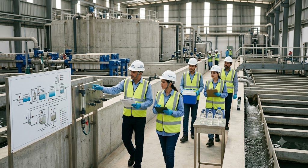 Five engineers and technicians in safety gear inspect a large, multi-level water treatment facility, with one pointing to a detailed process diagram while others record data and gather water samples.