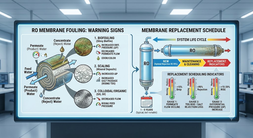 Detailed infographic illustrating RO membrane fouling types (biofouling, scaling, colloidal/organic), their specific warning signs, and a comprehensive replacement schedule based on a system life cycle and three key replacement scheduling indicators (permeate flow decline, salt rejection loss, and differential pressure increase).