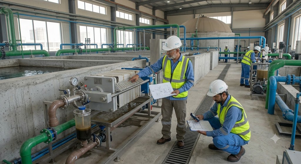 Two operators in safety gear inspect a sludge dewatering press filter and review mechanical plans inside a water treatment plant.