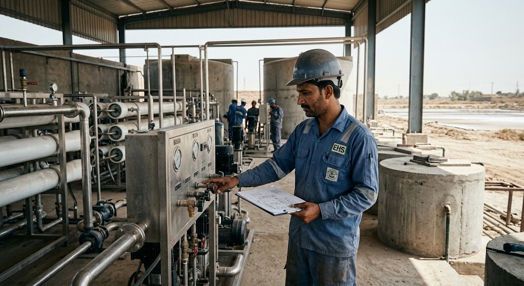 A Pakistani engineer in a hard hat and blue uniform inspects a control panel at a realistic textile wastewater treatment facility in Faisalabad, with water tanks and filtration pipes in the background.