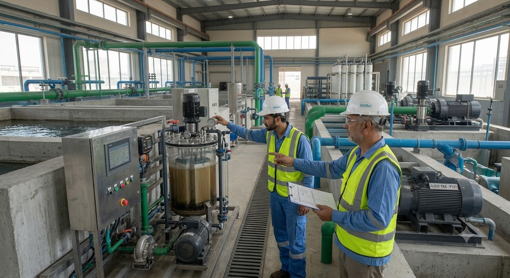 Two operators in safety vests and hard hats inspect a membrane bioreactor setup inside a large water treatment facility next to concrete filtration channels.