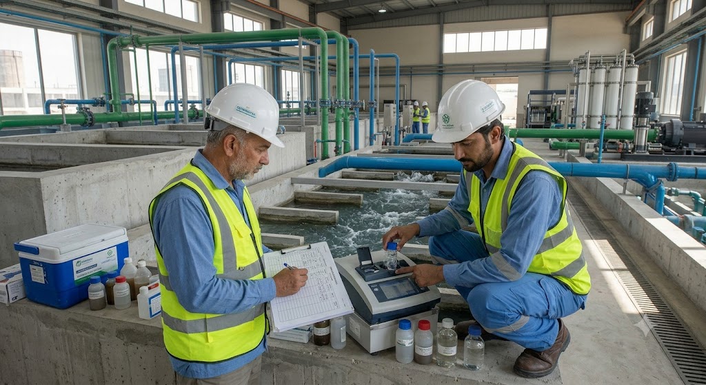 Two technicians in hard hats and safety vests perform on-site water quality testing next to an open water channel in an industrial facility.