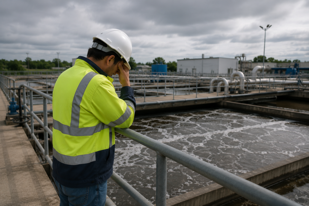 Water treatment plant downtime showing an engineer inspecting inactive wastewater treatment equipment during an operational shutdown.