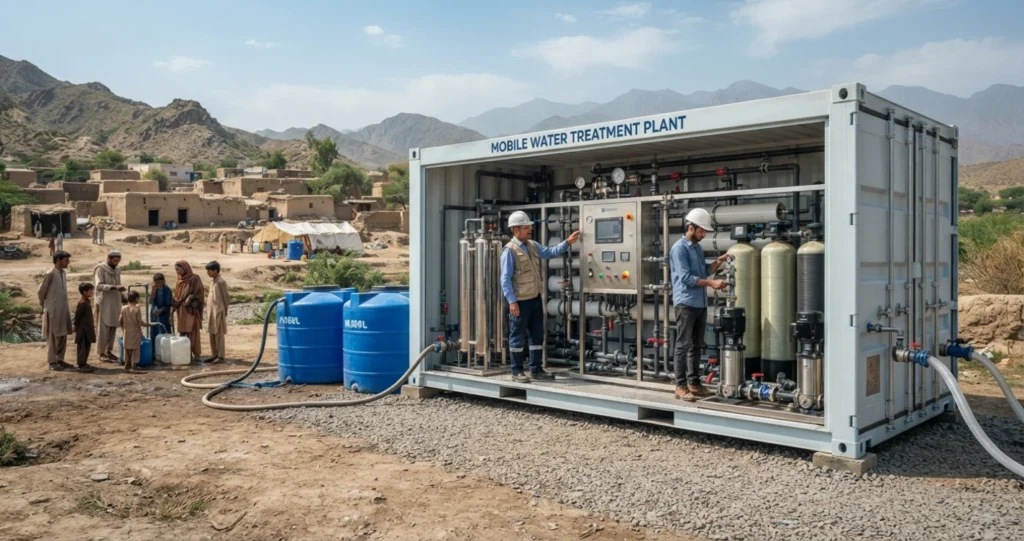 Mobile containerized RO plant providing clean water at a remote site in Pakistan