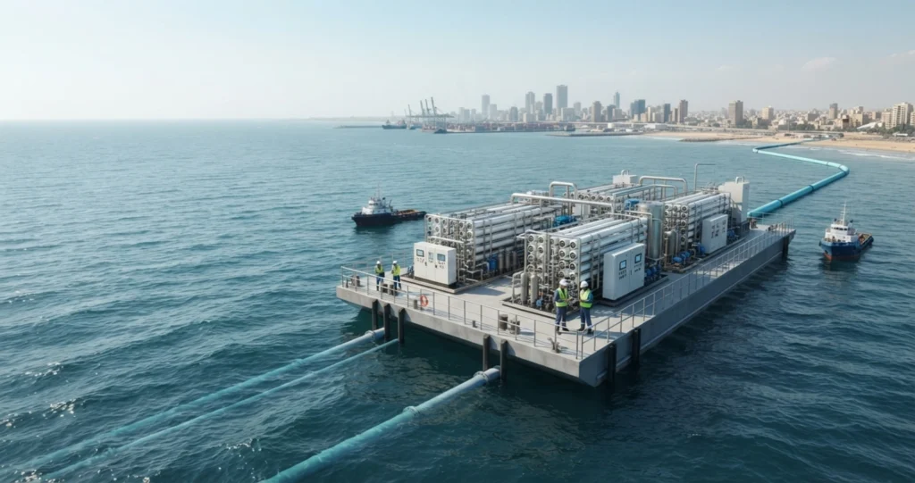 Floating RO seawater desalination plant near the coast of Pakistan