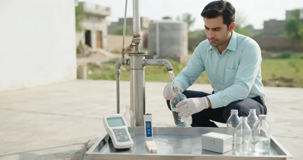 Borewell groundwater sample being tested for water quality in Pakistan