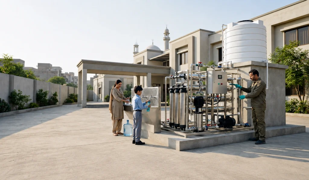 Community RO plant providing purified drinking water at a school or masjid in Pakistan