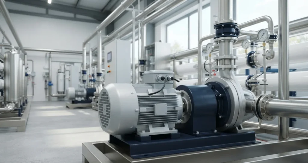 Energy-efficient motor powering a high-pressure RO pump in an industrial water treatment plant