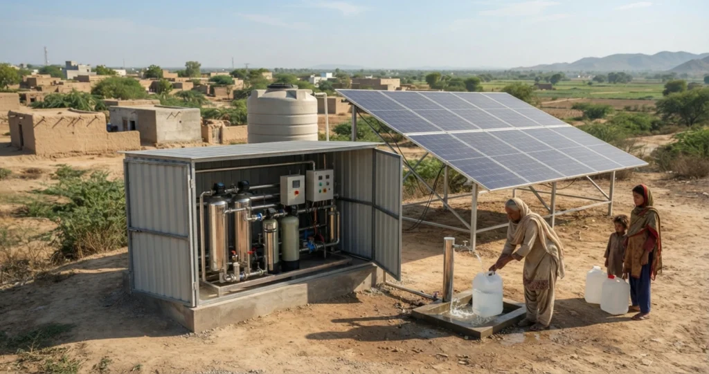 Off-grid solar RO plant providing clean drinking water in rural Pakistan