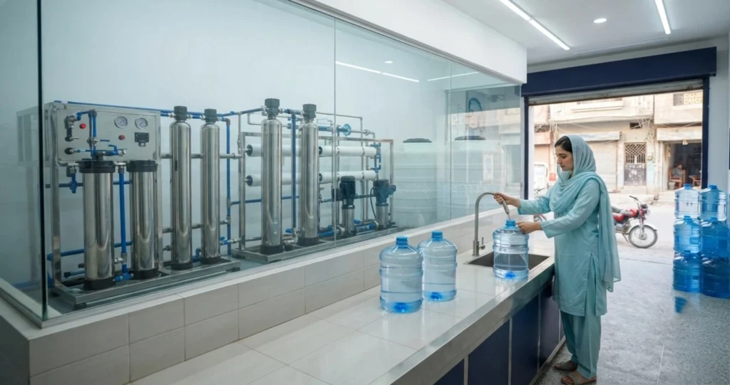 RO water shop business setup in Pakistan with purified drinking water cans