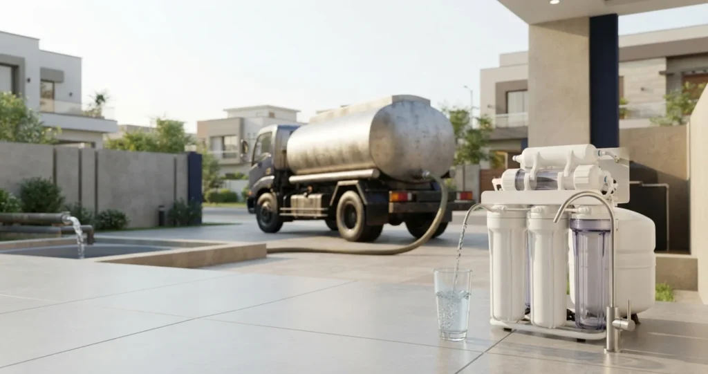 Water tanker supplying a Karachi home with water while a domestic RO system purifies drinking water