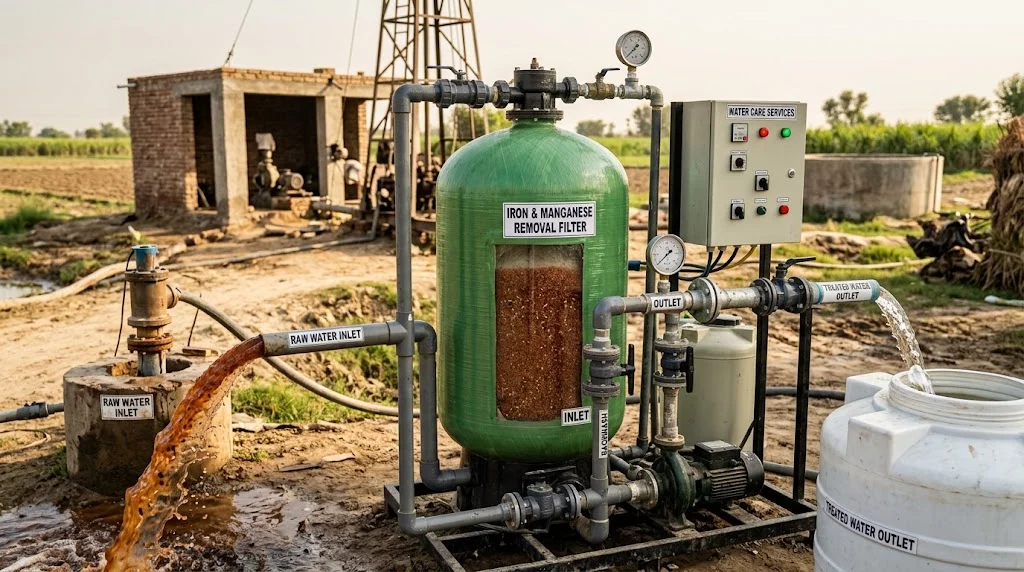 Iron and manganese removal from borewell water
