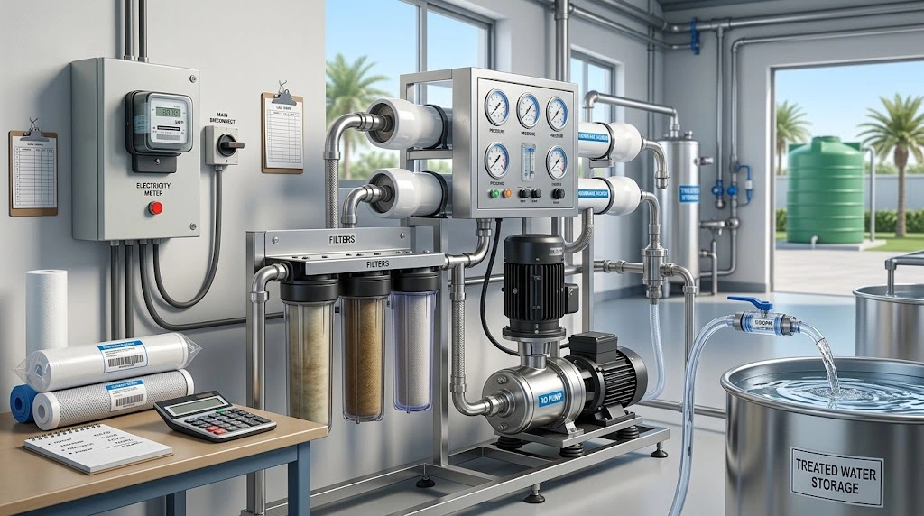 RO plant pre-filters, membrane housing and booster pump showing ongoing running costs