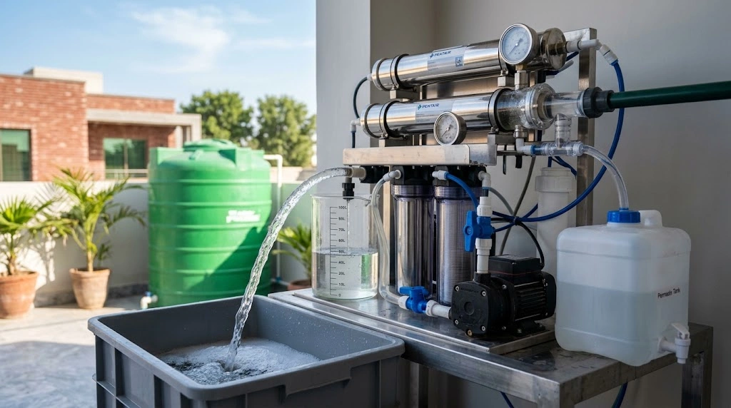 RO system with reject water drain line showing water wastage in a Pakistani home